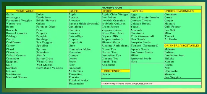Chart listing foods that alkaline the body when consumed.