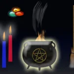 A depiction of some of the common witchcraft spell casting essentials. Common witchcraft casting essentials such as a broom, candles, cauldron, and stones.