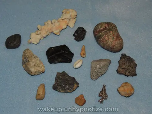 Assorted stones, shells, charcoal, coral, and a pendant. Any of these items can be used as an amulet and charged with the power of protection.