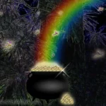Pixies, Sprites, Faeries & Leprechauns. Faerie Garden with a pot of gold at the end of the rainbow.