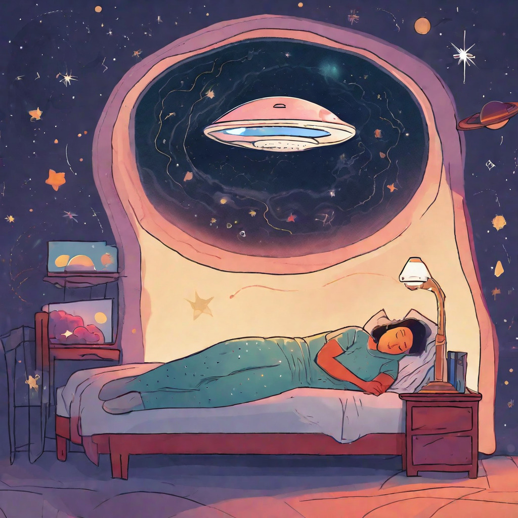 A person sleeping, with a thought bubble showing a spaceship flying through a galaxy over their head.